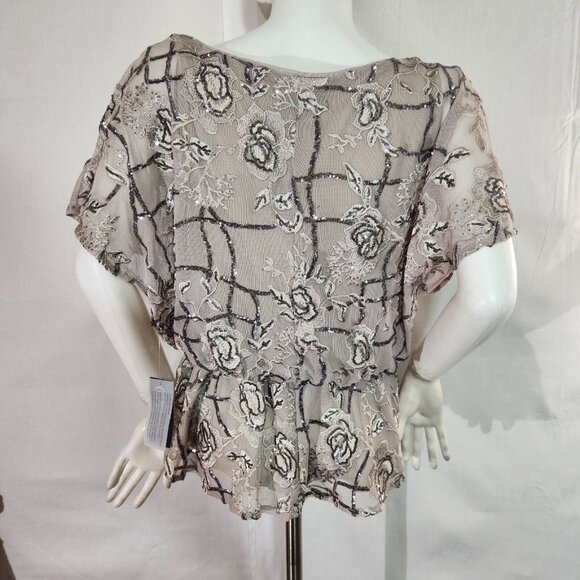 Alex Evenings Women's Sequined Embroidered Short Sleeve Taupe Blouse Size S (11) - Picture 3 of 11